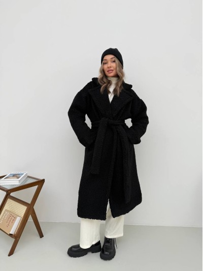 Жіноче тепле пальто з хутра Тедді чорного кольору 30109