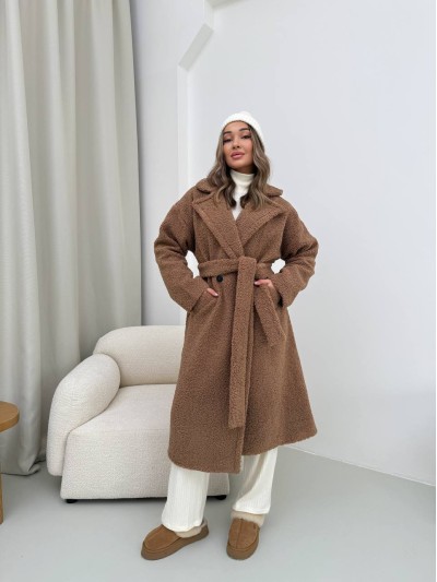 Жіноче тепле пальто з хутра Тедді кавового кольору 30113