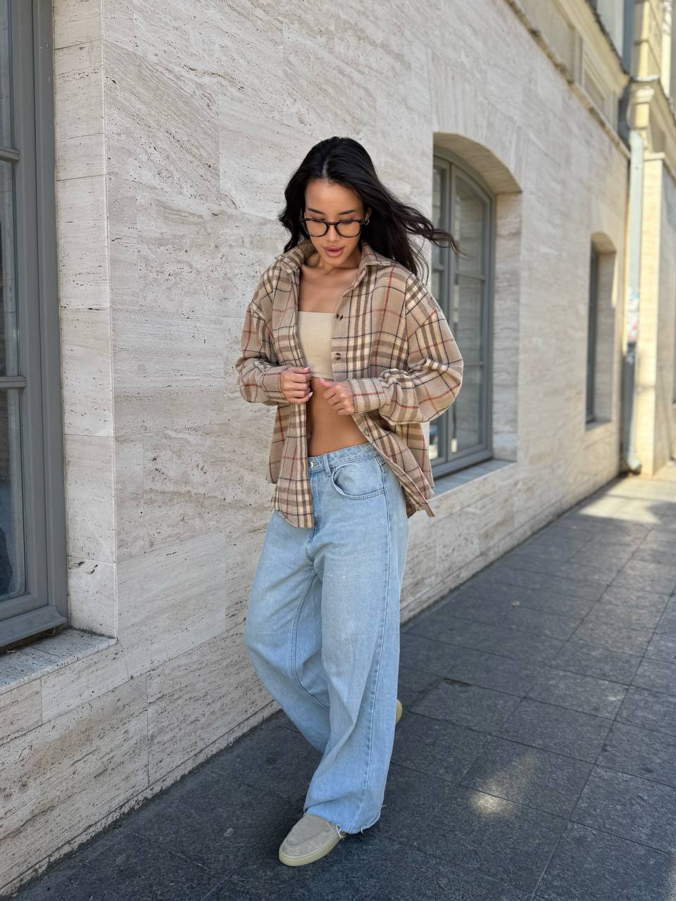 Жіноча байкова сорочка в клітинку вiльного кавового кольору 35642