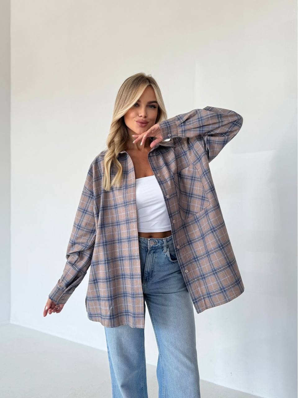 Жіноча фланелева сорочка в клітинку кавового кольору 31214