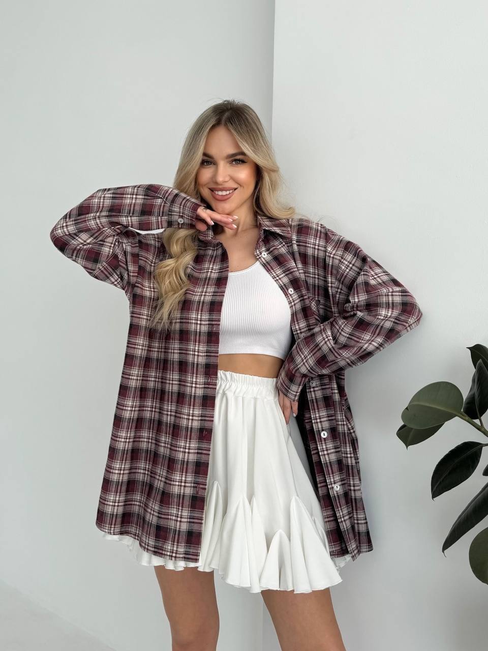 Жіноча фланелева сорочка в клітинку бордового кольору 31209