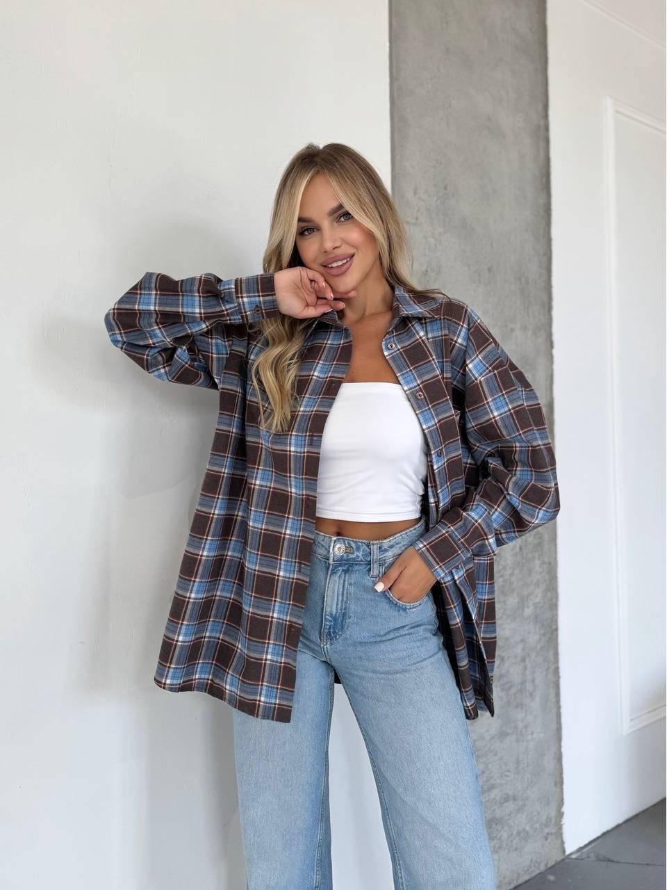 Женская фланелевая рубашка в клетку синего цвета 31866