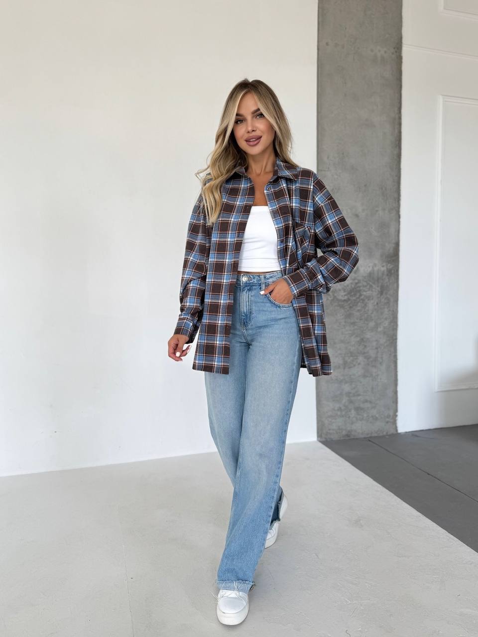 Женская фланелевая рубашка в клетку синего цвета 31866