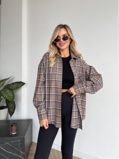 Жіноча фланелева сорочка в клітинку темно-бежевого кольору 35247