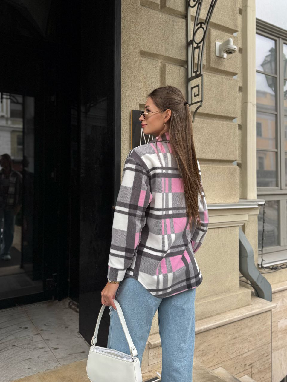 Жіноча флiсова сорочка в клітинку рожевого кольору 35361