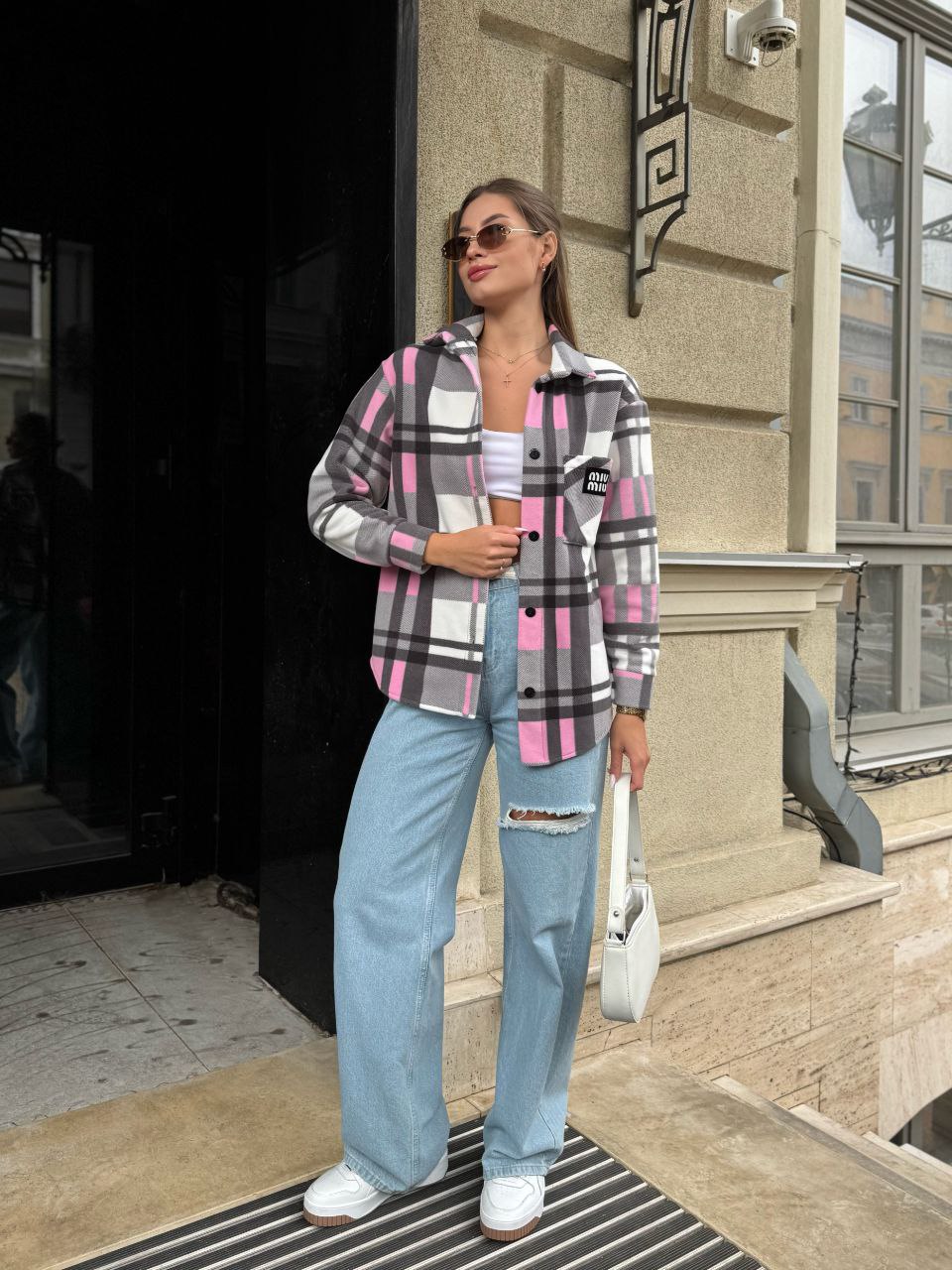 Жіноча флiсова сорочка в клітинку рожевого кольору 35361