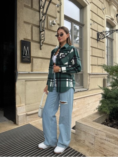 Жіноча флiсова сорочка в клітинку зеленого кольору 35362