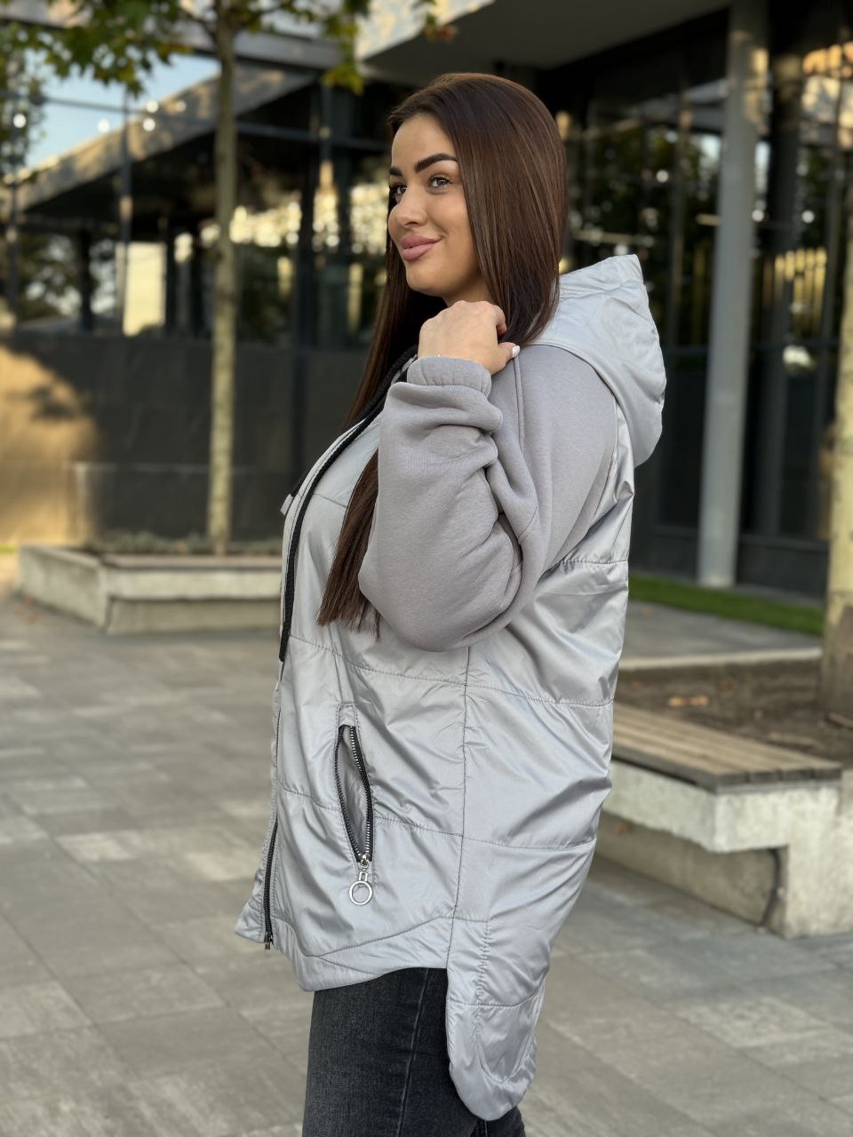 Жіноча куртка-кардиган сiрого кольору 34849