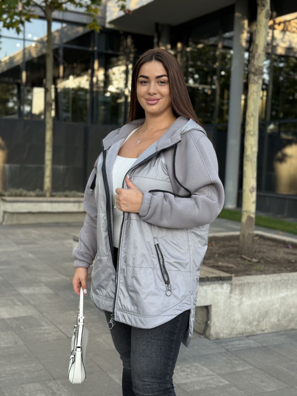 Жіноча куртка-кардиган сiрого кольору 34849