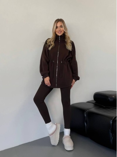 Жіноча тепла кофта на блискавці коричневого кольору 35792