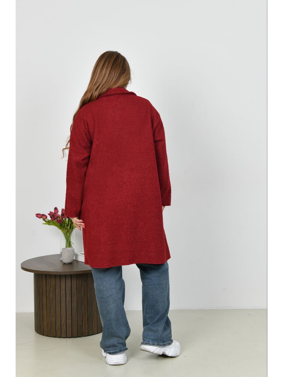 Жіноче пальто баранець на фліс бордового кольору 34956