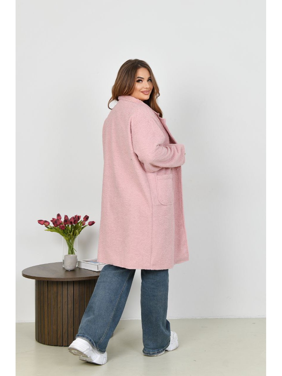Жіноче пальто баранець на фліс рожевого кольору 34957