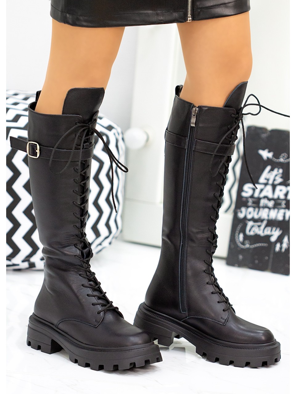 Женские сапоги из натуральной кожи на шнуровке (Европейка) черного цвета 34864