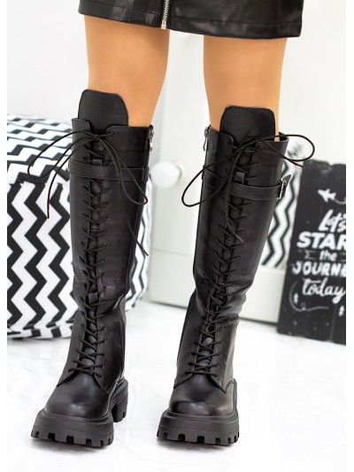 Женские сапоги из натуральной кожи на шнуровке (Байка) черного цвета 34863