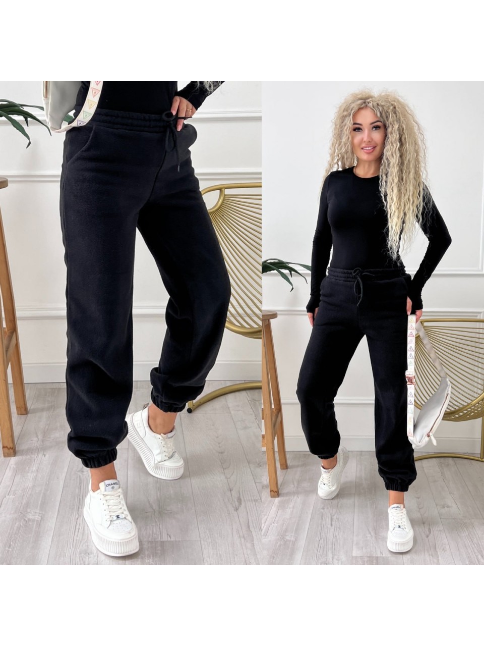 Женские флисовые штаны свободного кроя черного цвета 34992