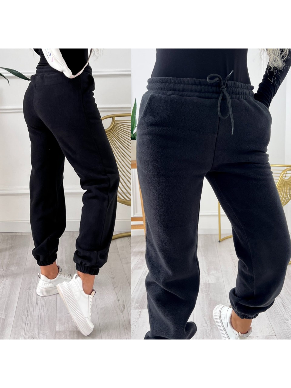 Женские флисовые штаны свободного кроя черного цвета 34992