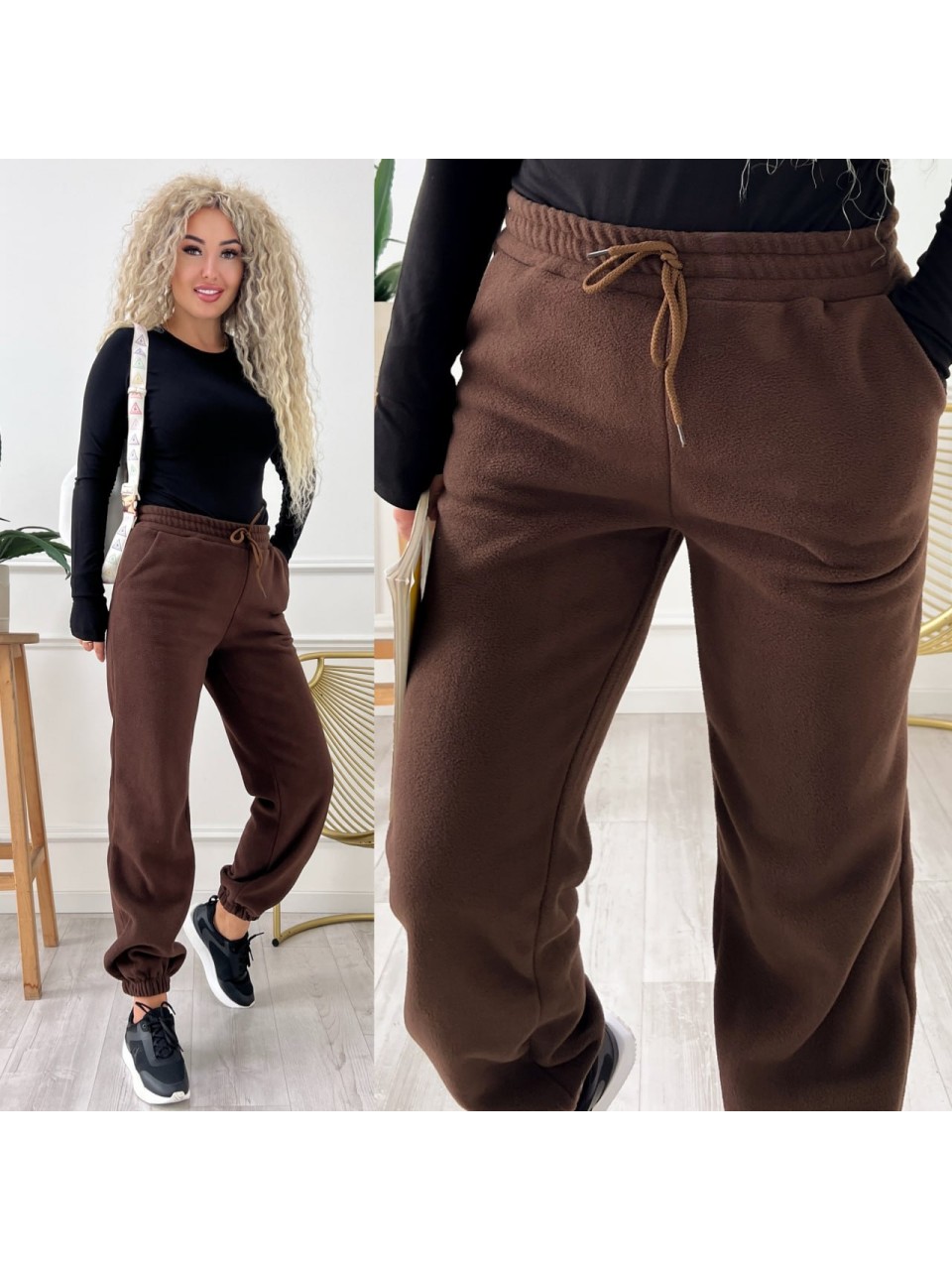 Жiночi флiсовi штани вiльного крою коричневого кольору 34990