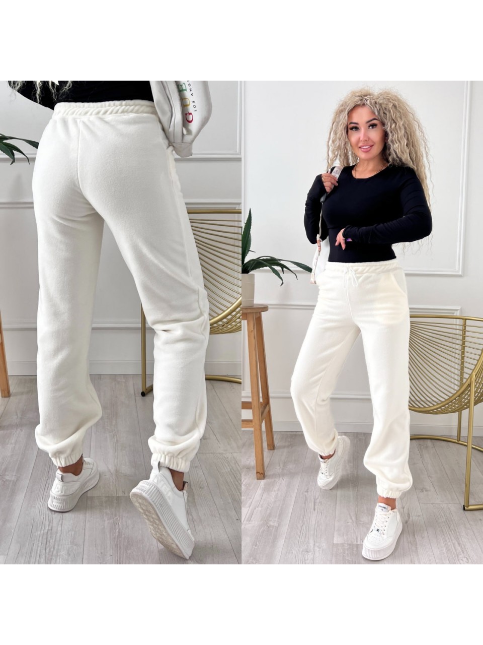 Жiночi флiсовi штани вiльного крою молочного кольору 34991