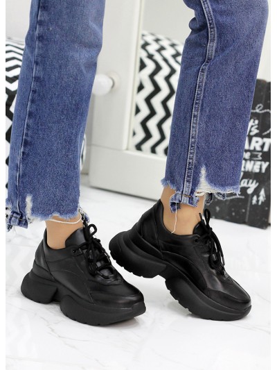 Жіночі кросівки з натуральної шкіри (цигейка) чорного кольору 35835