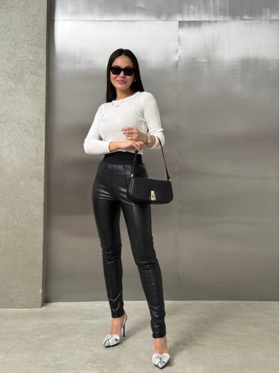 Жіночі лосини на хутрi з еко-шкiри чорного кольору 35739