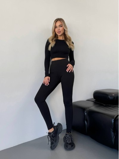 Жіночі лосини в рубчик на флiсi чорного кольору 35721