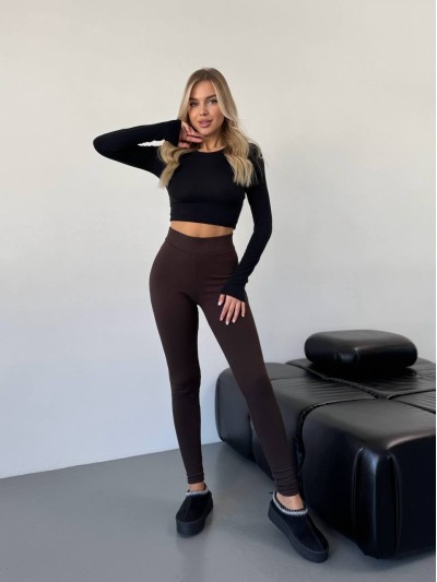 Жіночі лосини в рубчик на флiсi коричневого кольору 35722