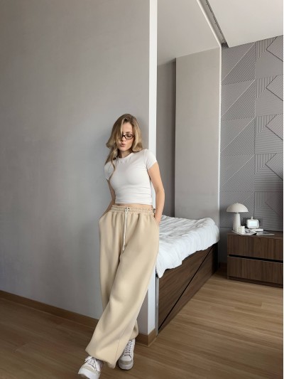Жiночi широкi штани на флiсi бежевого кольору 35710