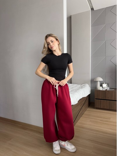 Жiночi широкi штани на флiсi бордового кольору 35706