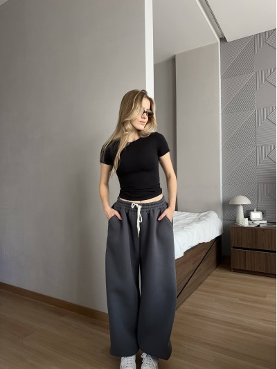 Жiночi широкi штани на флiсi графiтового кольору 35707