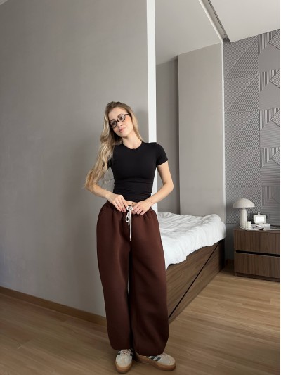 Жiночi широкi штани на флiсi коричневого кольору 35704