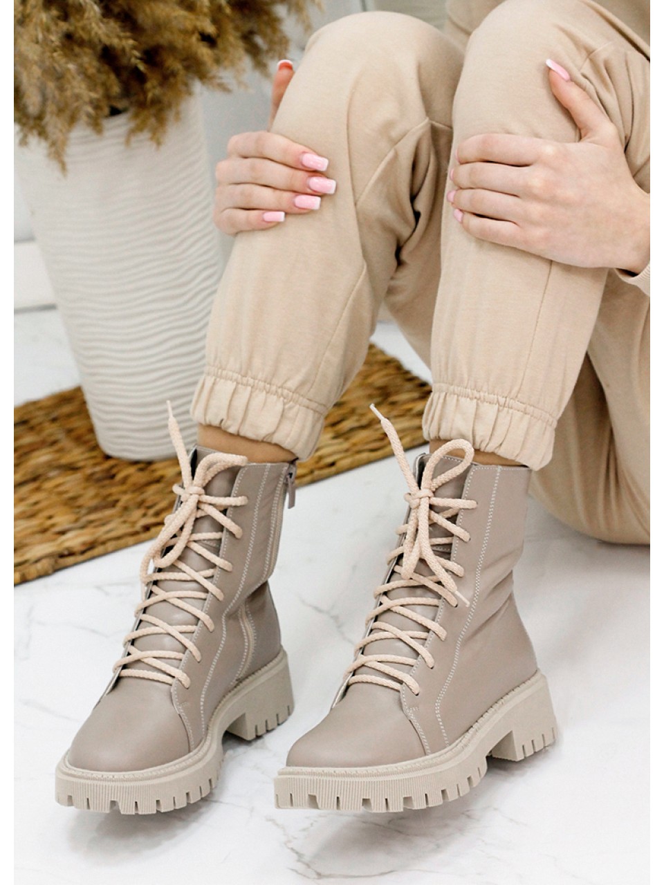 Жіночі шкіряні черевики берці (хутро) кавового кольору 34790