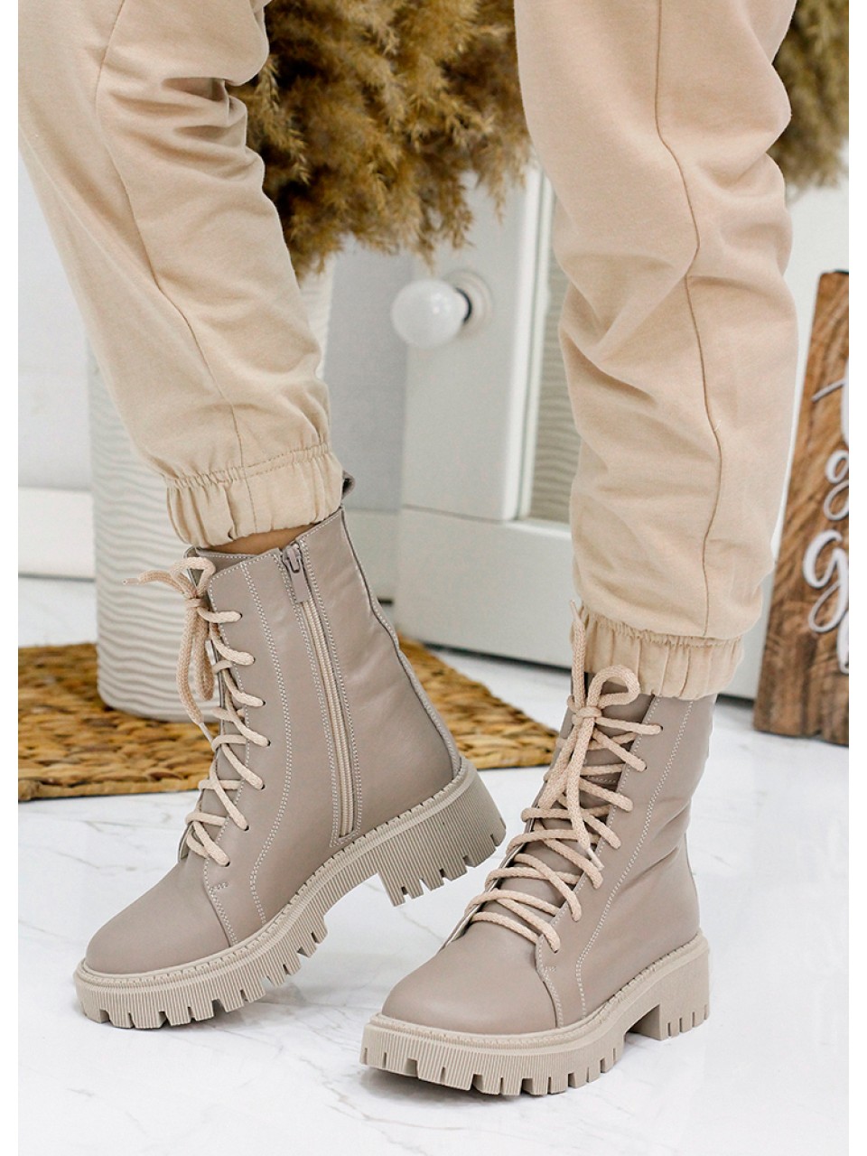 Жіночі шкіряні черевики берці (хутро) кавового кольору 34790