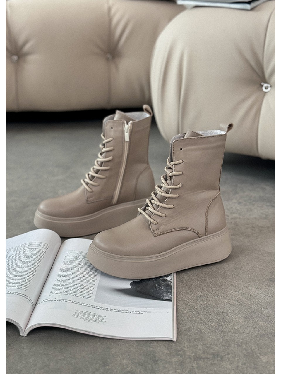 Жіночі шкіряні черевики на платформі (Хутро) кавового кольору 35186