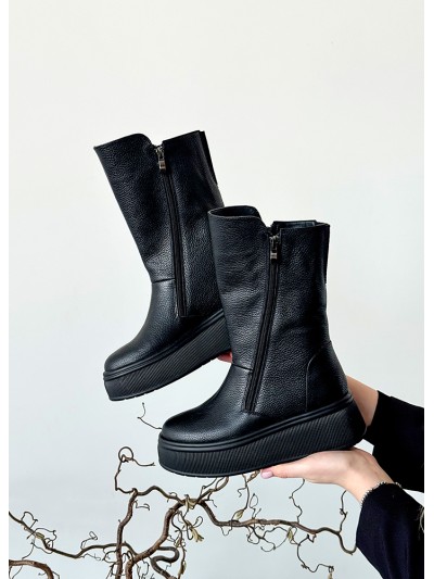 Жіночі шкіряні черевики на платформі (Байка) чорного кольору 35184