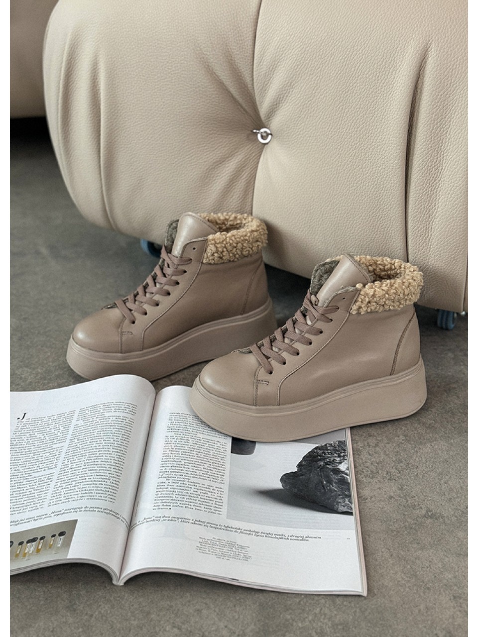 Жіночі шкіряні черевики Тедді (Цигейка) кавового кольору 35188