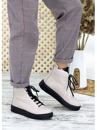 Жіночі шкіряні черевики на шнурівці (хутро) бежевого кольору 35322