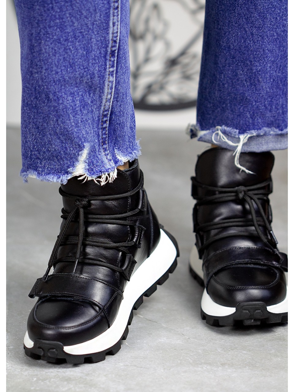 Жіночі шкіряні черевики Спорт на шнурівці (цигейка) чорного кольору 34984
