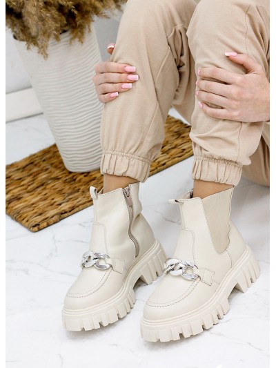 Жіночі шкіряні черевики з резинкою (хутро) бежевого кольору 35330