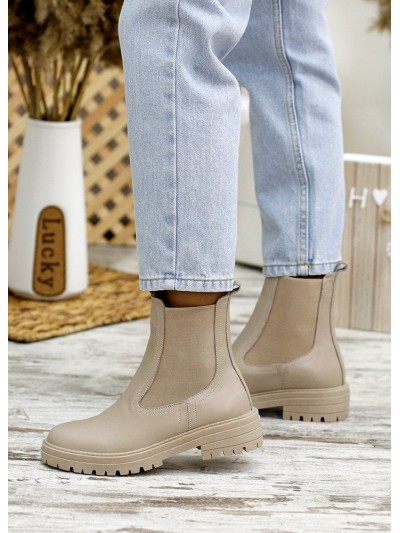 Жіночі шкіряні черевики з резинкою (байка) бежевого кольору 35256