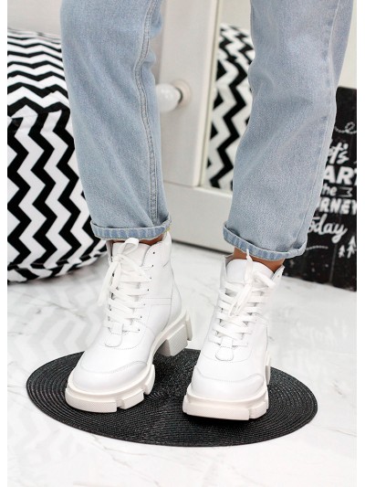 Жіночі шкіряні черевики на шнурівці (хутро) білого кольору 35331