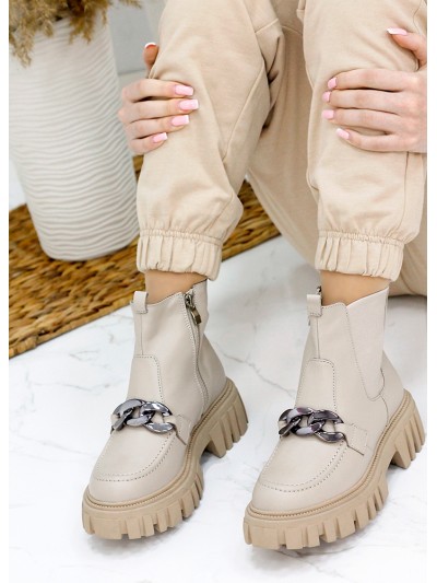 Жіночі шкіряні черевики з тракторною підошвою (байка) бежевого кольору 35328