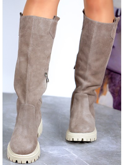 Женские сапоги из натуральной замши (Европейка) бежевого цвета 34861