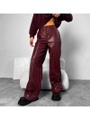 Женские штаны клеш из эко-кожи на флисе бордового цвета  35798