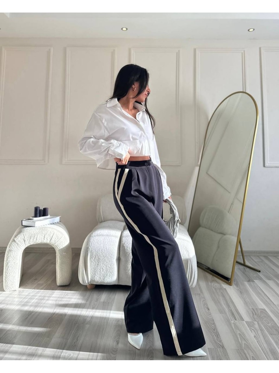 Жiночi штани палацо з лампасами чорного кольору 34524