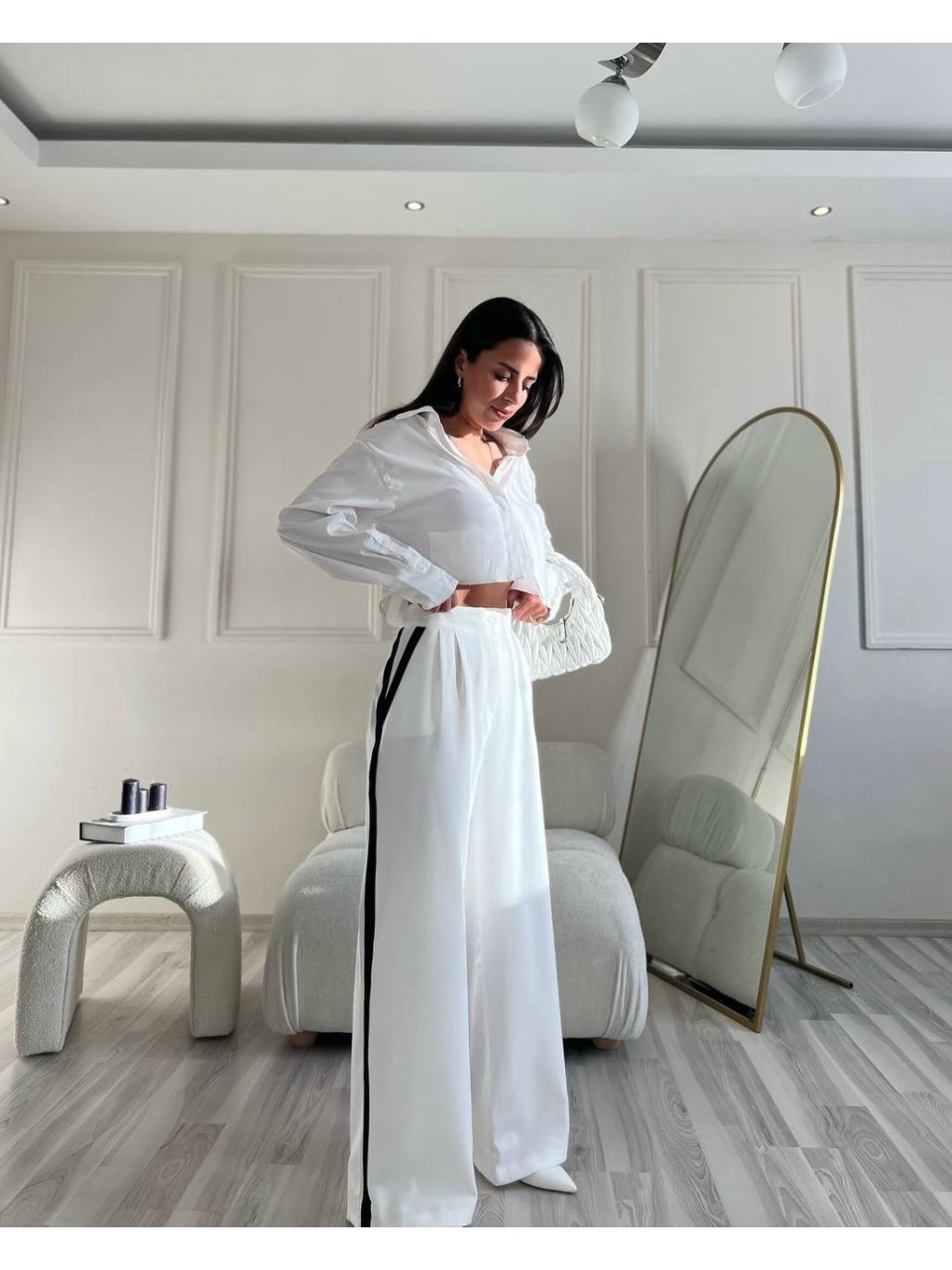 Жiночi штани палацо з лампасами молочного кольору 34523