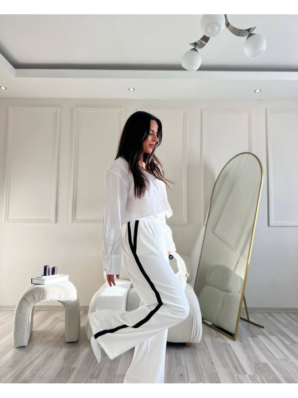 Жiночi штани палацо з лампасами молочного кольору 34523