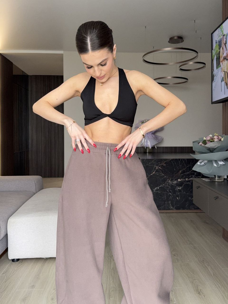 Жiночi теплi штани вiльного крою кавового кольору 35306