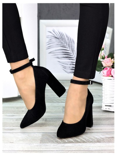 Жіночі туфлі з натуральної замші на каблуку чорного кольору 35611
