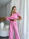 Жіночий домашній комплект трійка (топ+резинка+штани) рожевого кольору 34012