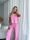 Жіночий домашній комплект трійка (топ+резинка+штани) рожевого кольору 34012